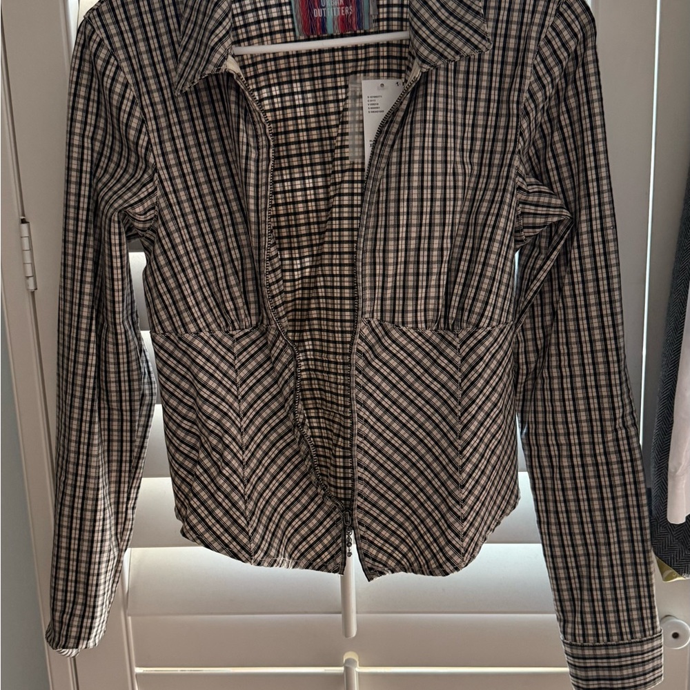 Urban Outfitters Black, White & Gray Plaid Zip-Front Jean Jacket
